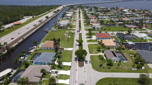 Aerial photo of cape coral street, after water reuse pipeline construction has been completed.
